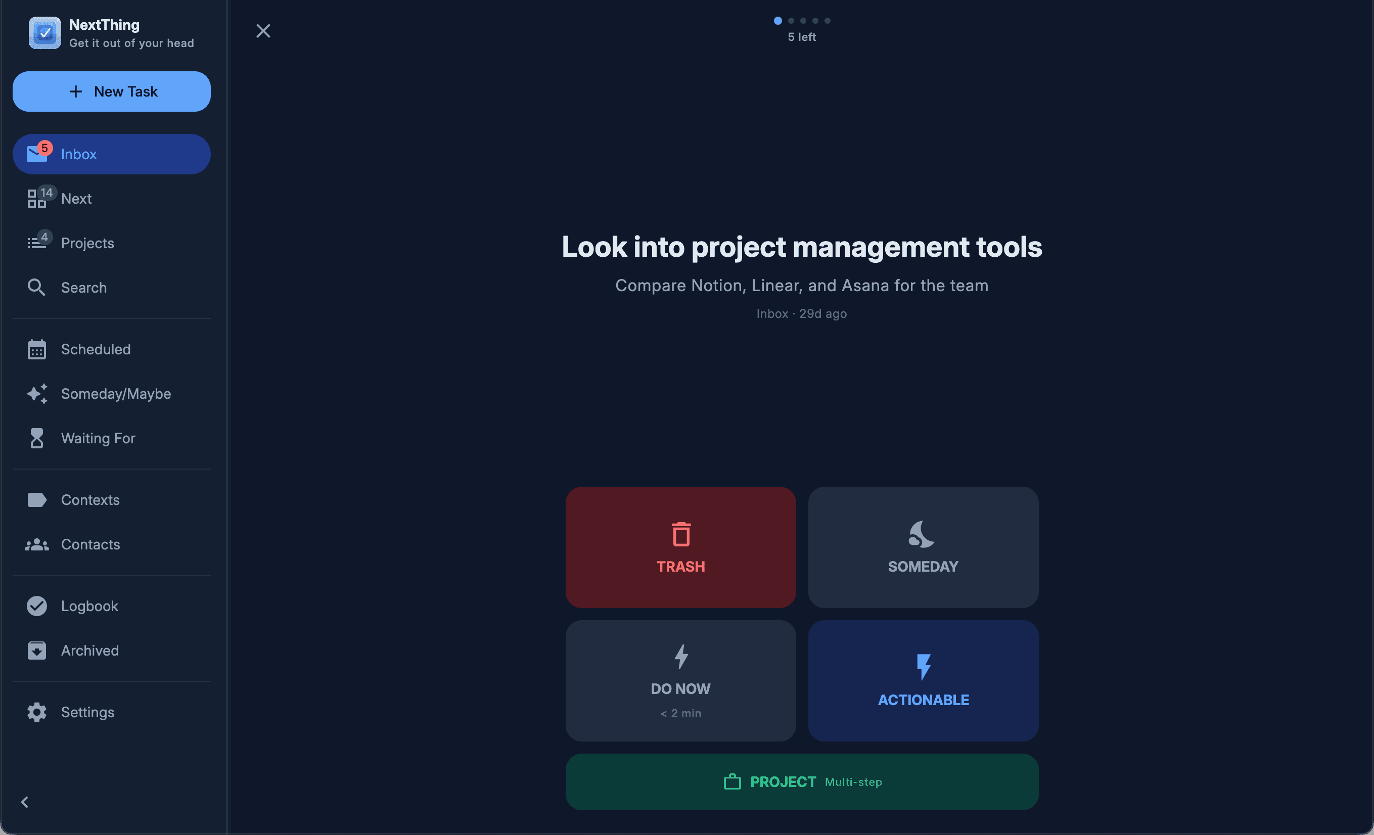 NextThing desktop — Guided inbox processing