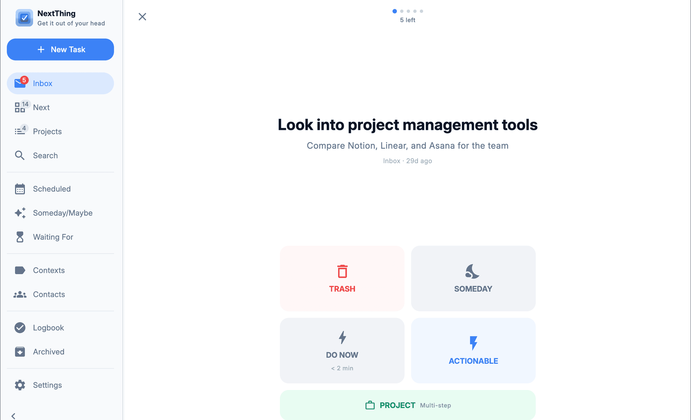 NextThing desktop — Guided inbox processing