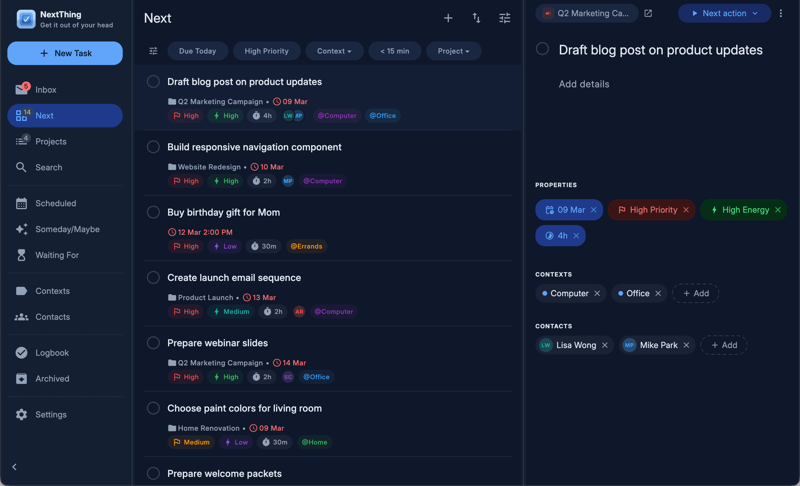NextThing desktop — Next actions, filtered