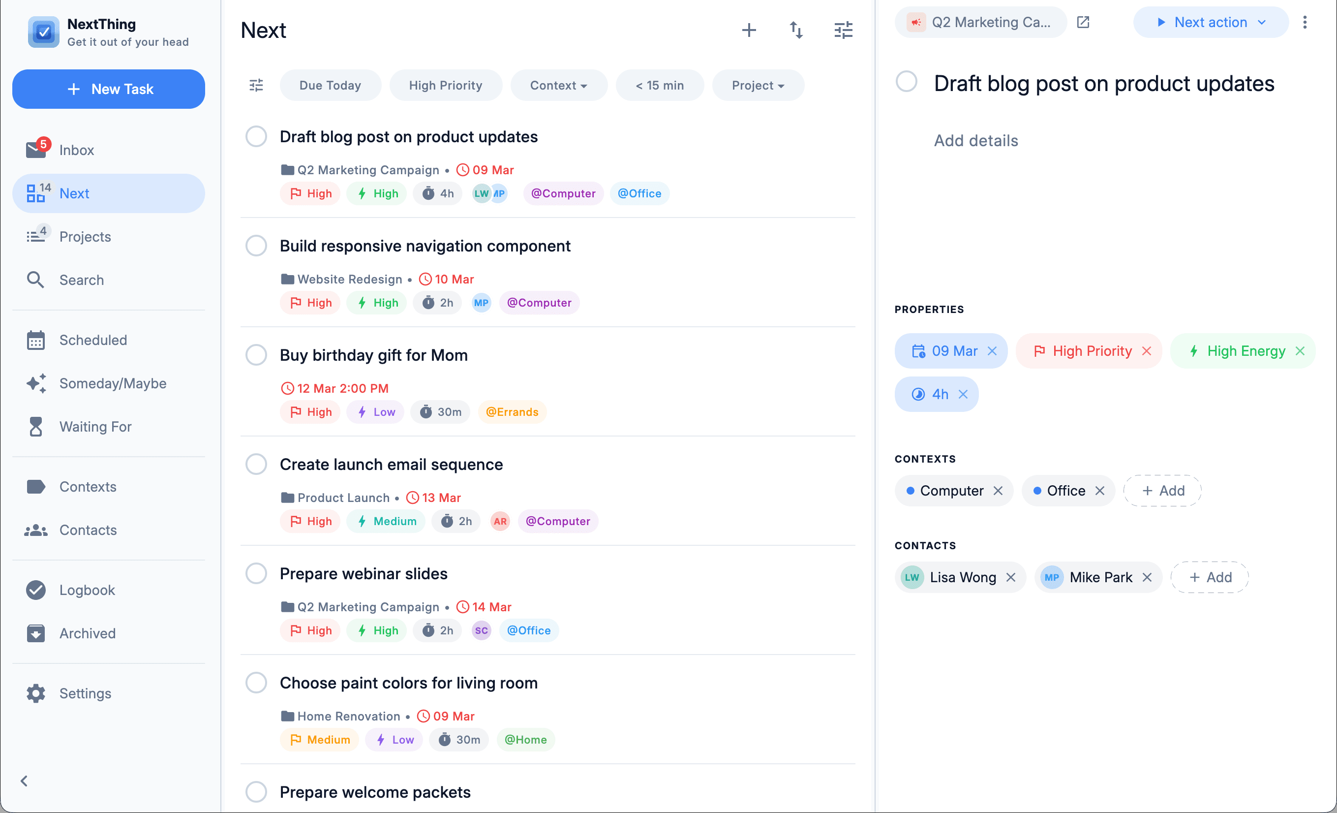 NextThing desktop — Next actions, filtered
