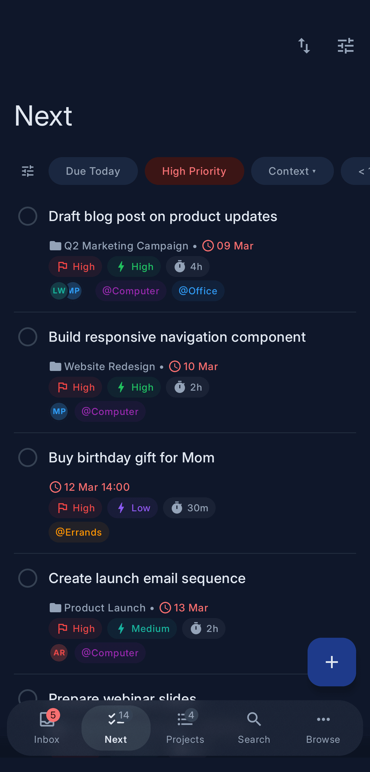 NextThing mobile — Next actions, filtered