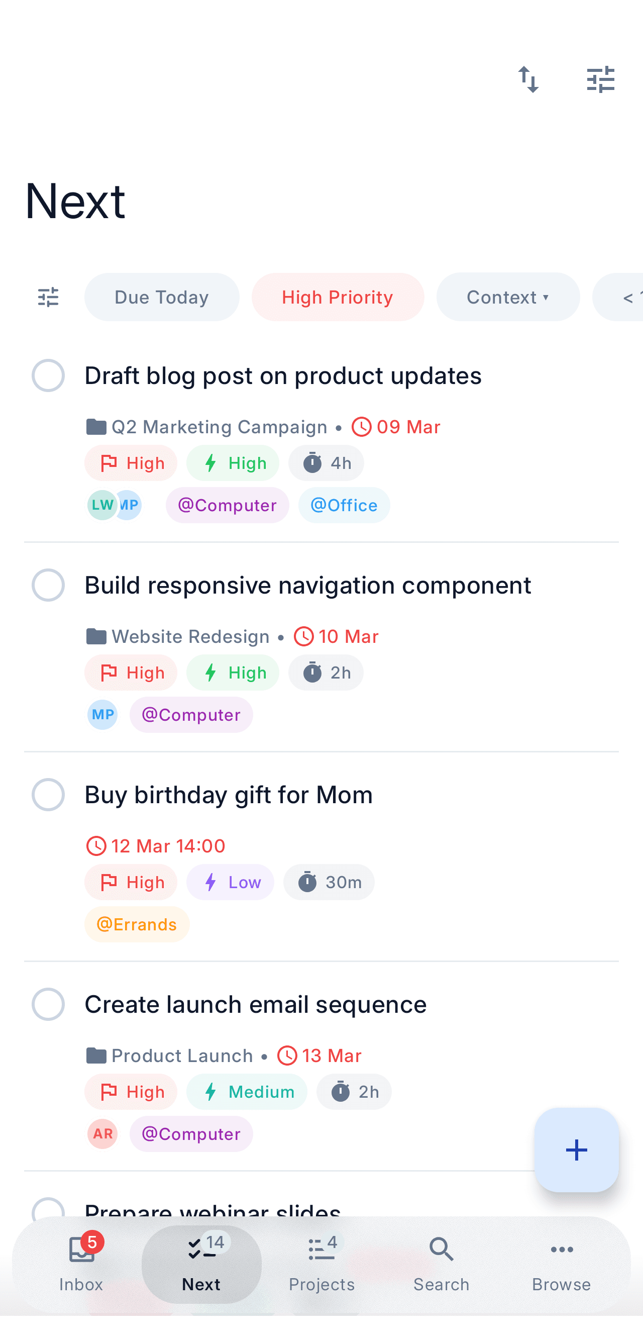 NextThing mobile — Next actions, filtered
